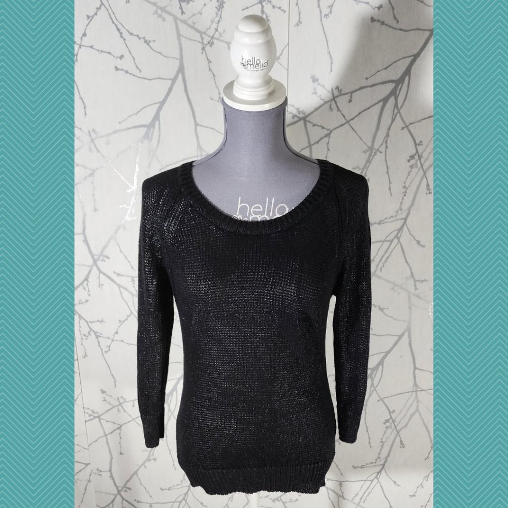 Babaton Black Linen Silk Blend Open Knit Round Neck Sweater